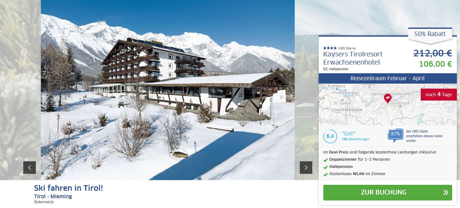 tirol-deal1 , ab 53 € – 2 Tage Kurzurlaub in Tirol (Mieming) im 4* Kaysers Tirolresort Erwachsenenhotel inkl. Halbpension & kostenfreier Nutzung des Wellnessbereichs