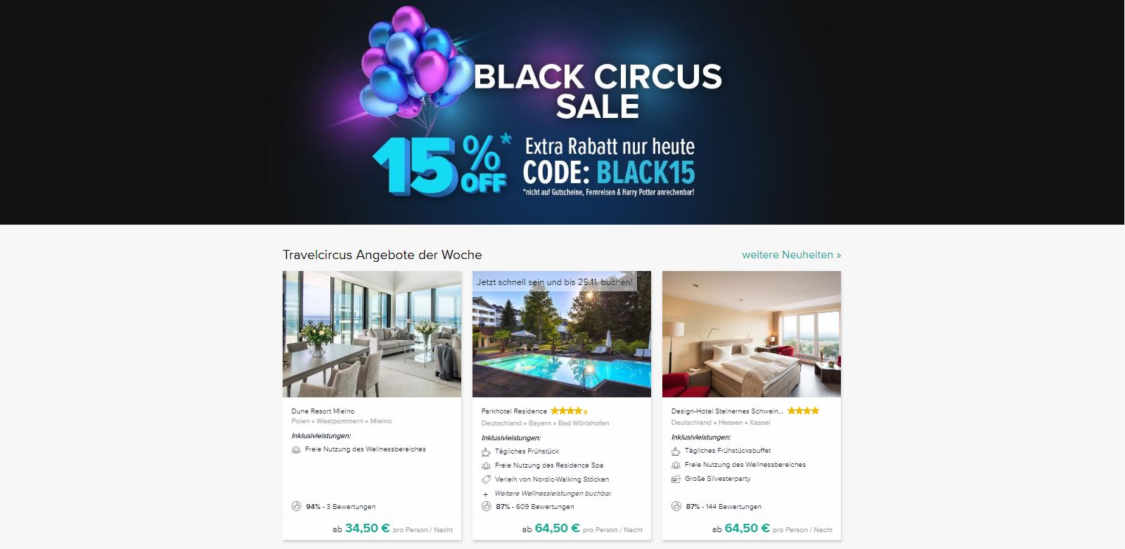 blackzirkusdeals Black Rabatt, 15 % Back Rabatt für Städtereisen, Wellnesswochenenden, Musical- oder Freizeitparkbesuche mit Übernachtung